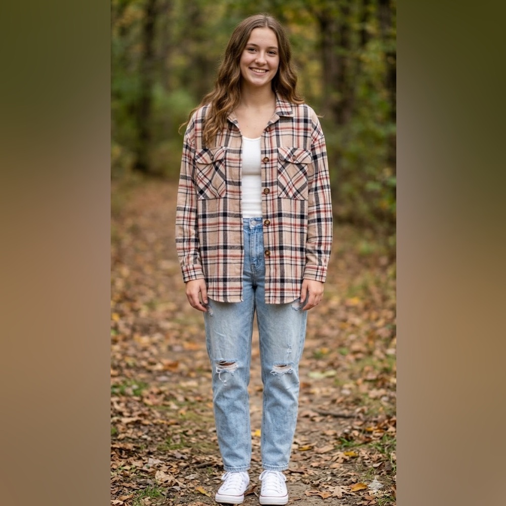 Plaid Button-Up Flannel Jacket - Beige Plaid